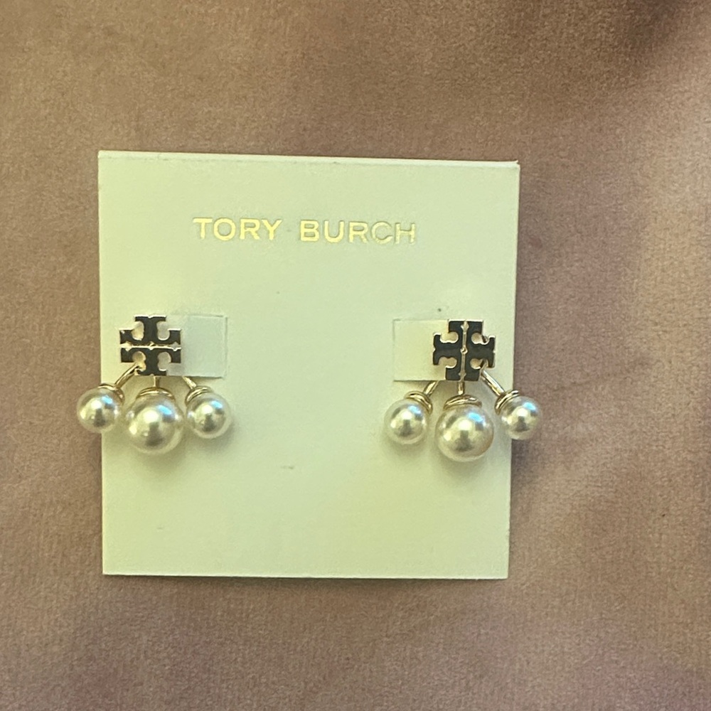 Tory Burch Gold Logo Pearl Cluster Drop Earrings - Ivory